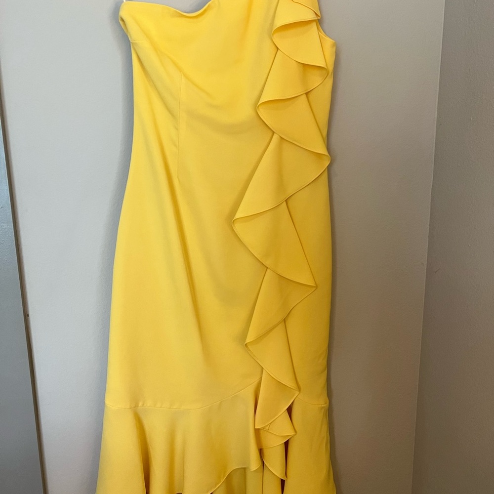 LIKELY yellow one shoulder midi dress